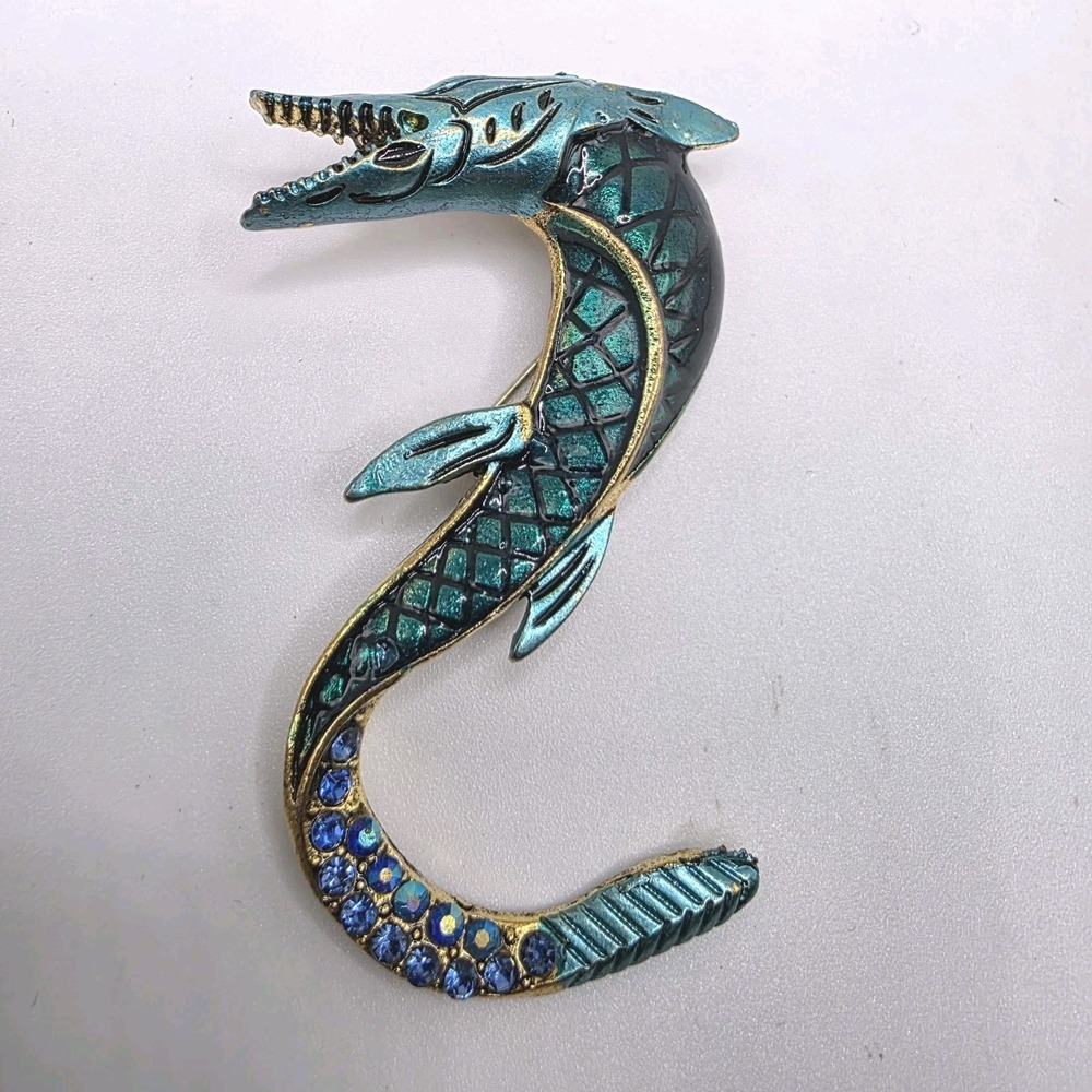 Fish Brooch Teal Blue Enamel Rhinestones Gar Brooch Pin Pendant